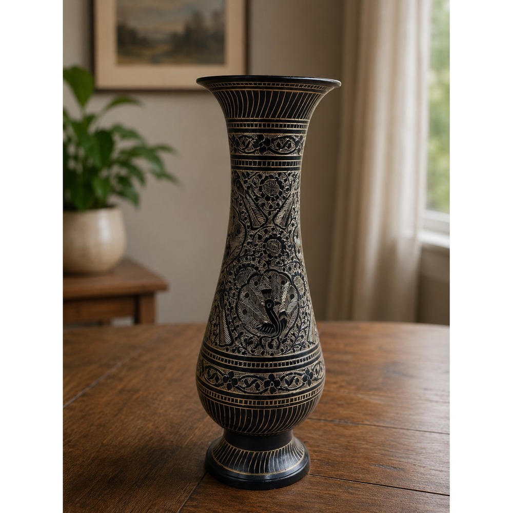 Vintage Etched Brass Peacock Vase Black Floral Engraved Metal Decor 9.5 Inch